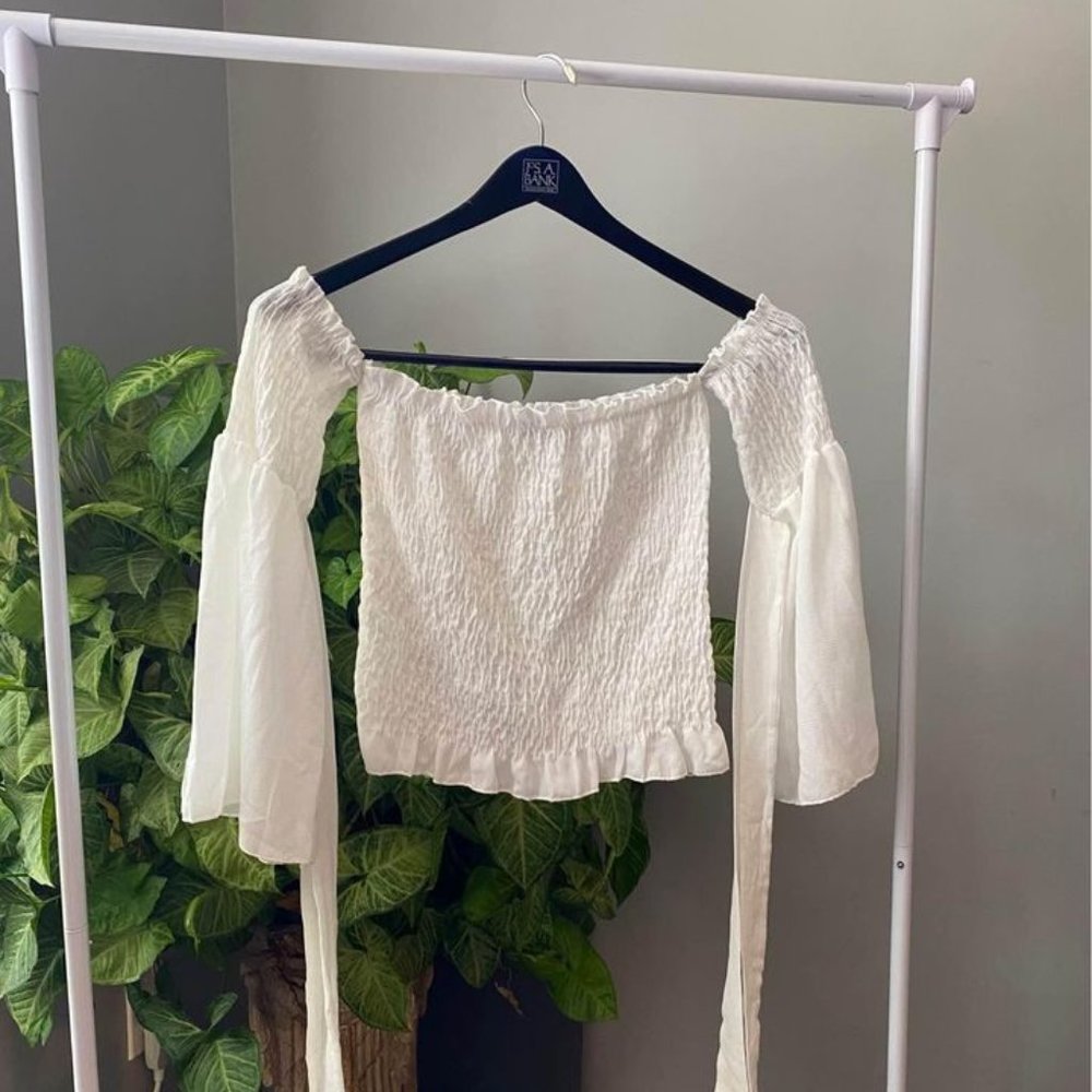 BOOHOO Woven Shirred Flared Sleeve Off The Shoulder Top